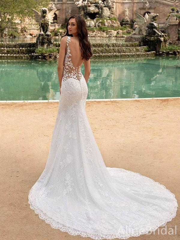 Elegant V-neck Spaghetti Strap Mermaid Long Wedding Dresses,WD3074