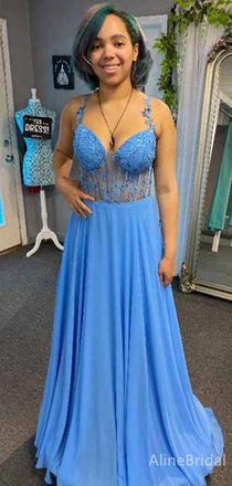 Gorgeous Blue V-neck Lace Applique Corset  A-line Long Prom Dress, Evening Dress, PD38170