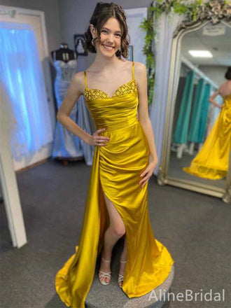 Elegant Gold V-neck Pleated Side Slit Mermaid Long Prom Dress, PD38172