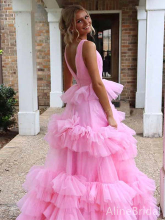 Elegant Pink V-neck A-line Long Layered Tulle Prom Dress, Evening Gown, PD38174