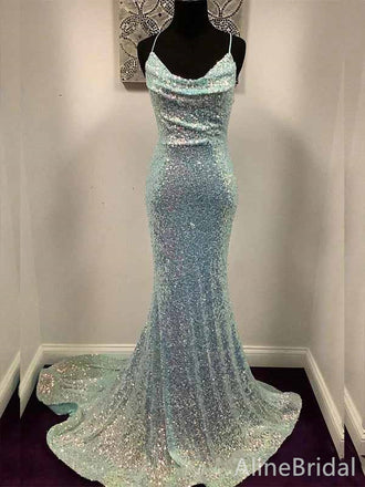 Sparkly Blue Sequins Spaghetti Strap Mermaid Long Prom Dress,PD381776