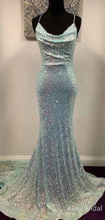 Sparkly Blue Sequins Spaghetti Strap Mermaid Long Prom Dress,PD381776