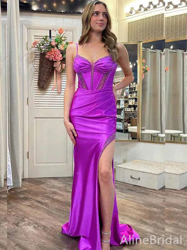 Elegant V-neck Spaghetti Strap Split Side Mermaid Long Prom Dress,PD381781