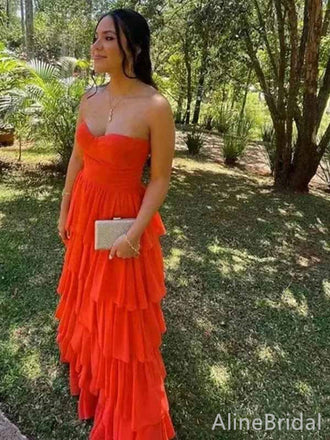 Sexy Orange Sweetheart Strapless A-line Ruffles Tiered Prom Dress, Evning Dress, PD381789
