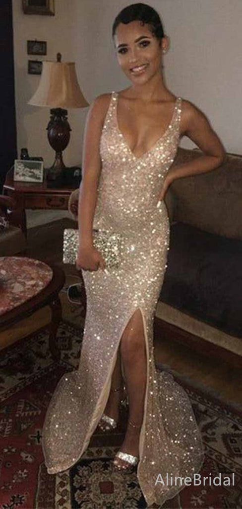 Sparkly Sequins V-neck Split Side Mermaid Long Prom Dress,PD381791