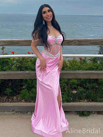 Sparkly Pink Off the Shoulder Corset Mermaid Long Prom Dress, Evening Dress, PD381810