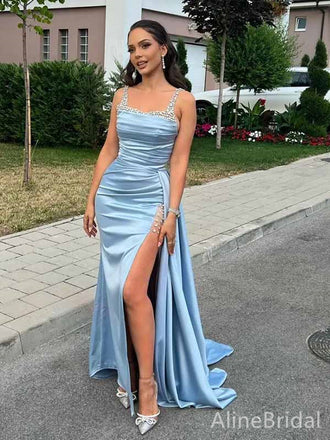 Gorgeous Light Blue Square Split Side Mermaid Long Prom Dress, Evening Dress,PD381812