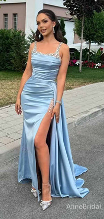 Gorgeous Light Blue Square Split Side Mermaid Long Prom Dress, Evening Dress,PD381812