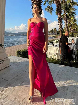 Elegant Hot Pink Sweetheart Spaghetti Strap Side Slit Mermaid Long Prom Dress,PD381815