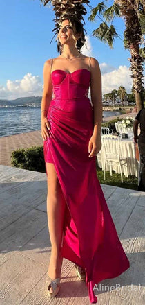 Elegant Hot Pink Sweetheart Spaghetti Strap Side Slit Mermaid Long Prom Dress,PD381815