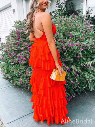 Sexy Red V-neck Side Slit A-line Ruffles Tiered Prom Dress, PD381817