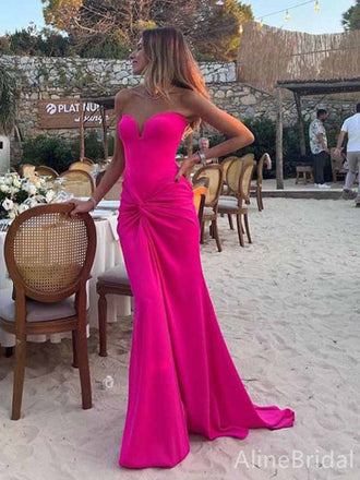 Elegant Hot Pink Sweetheart Strapless Mermaid Long Prom Dress with Front Twist,PD381825