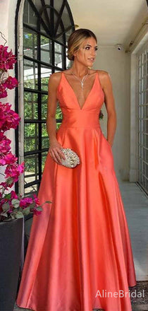 Elegant Coral V-neck A-line Long Prom Dress, Evening Dress, PD381836