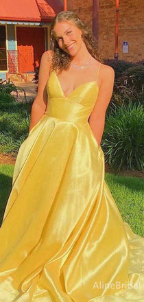 Elegant Yellow V-neck Spaghetti Strap A-line Long Prom Dress, PD381839