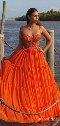 Gorgeous Orange Sweetheart Spaghetti Strap A-line Tiered Prom Dress, PD381844