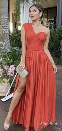 Elegant Coral One Shoulder Split Side A-line Long Prom Dress,PD381849