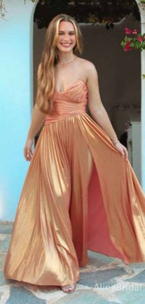 Elegant Rose Gold V-neck Strapless Pleated A-line Long Prom Dress with Slit, PD381859
