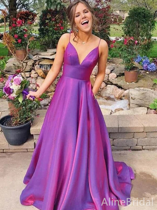 Elegant Spaghetti Strap V-neck A-line Long Prom Dress,PD37649