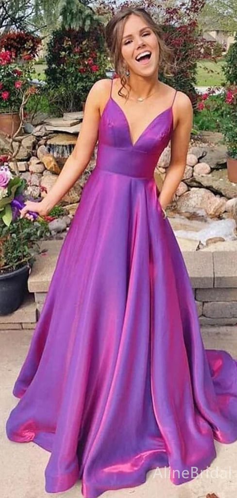 Elegant Spaghetti Strap V-neck A-line Long Prom Dress,PD37649