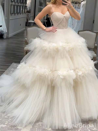 Gorgeous White Sweetheart Spaghetti Strap A-line Long Tutu Wedding Gown, WD3111