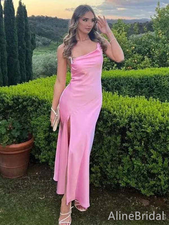 Simple Pink One Shoulder Split Side Mermaid Long Prom Dress, PD381875