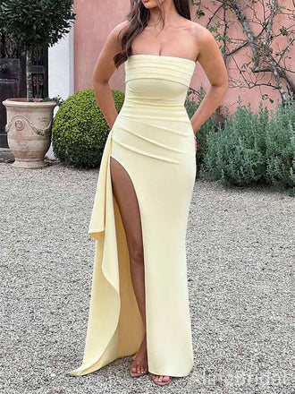 Pastel Yellow Strapless Split Side Long Mermaid Prom Dress, PD381876