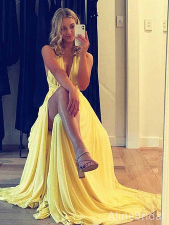 Sexy Yellow Chiffon Deep V-neck Halter Split Side A-line Long Prom Dress,PD381886