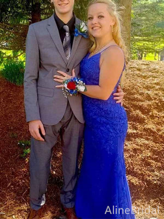 Gorgeous Royal Blue Lace V-neck Mermaid Long Prom Dress, Evening Dress, PD381892