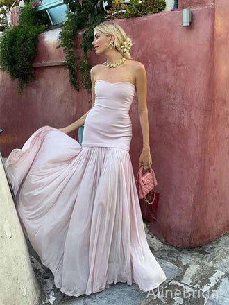 Simple Light Pink Strapless A-line Long Prom Dress with Tulle Skirt, PD381893