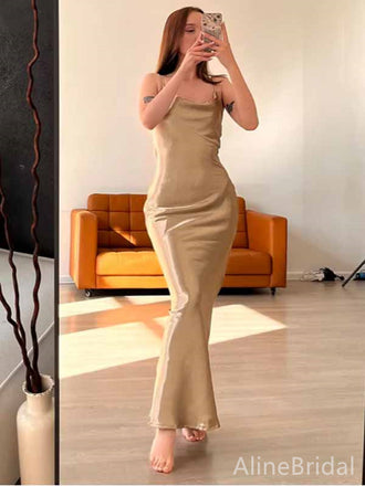 Simple Champagne Gold Spaghetti Strap Backless Mermaid Long Prom Dress,PD381895