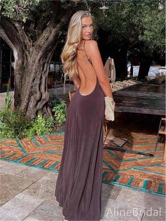 Sexy Mocha V-neck Backless Long Prom Dress with Cut-Out, PD381901