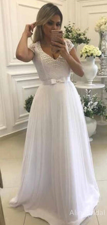 Elegant V-neck Lace Beadings A-line Long Wedding Dresses, WD3113