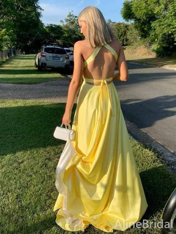 Gorgeous Yellow Deep V-neck Split Side A-line Long Prom Dress,PD381917