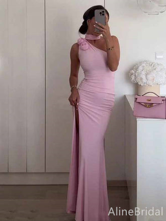 Sexy Soft Pink 3-D Floral One Shoulder Mermaid Long Prom Dress with Side Slit, PD381924