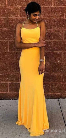 Simple Yellow Spaghetti Strap Mermaid Long Prom Dress, PD381930