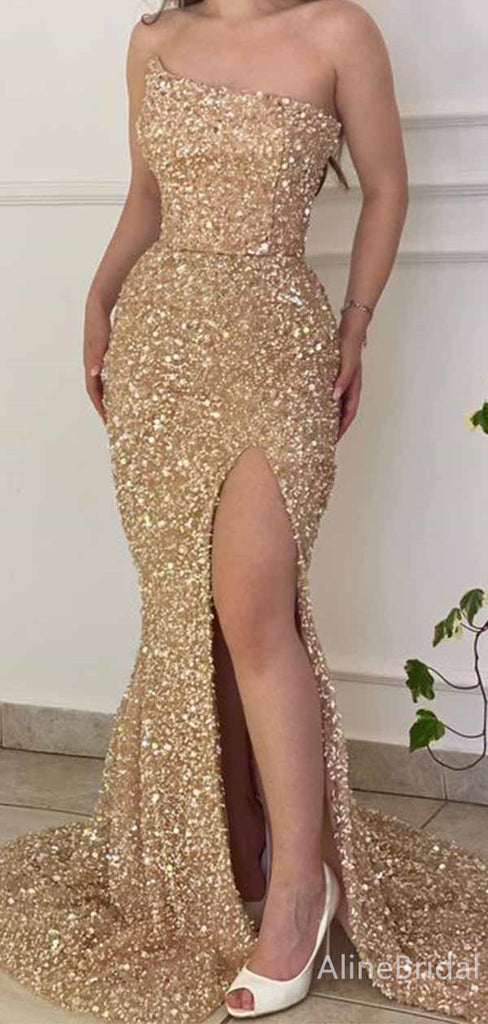 Sparkly Sequins Gold Split Side Mermaid Long Prom Dress,PD381934