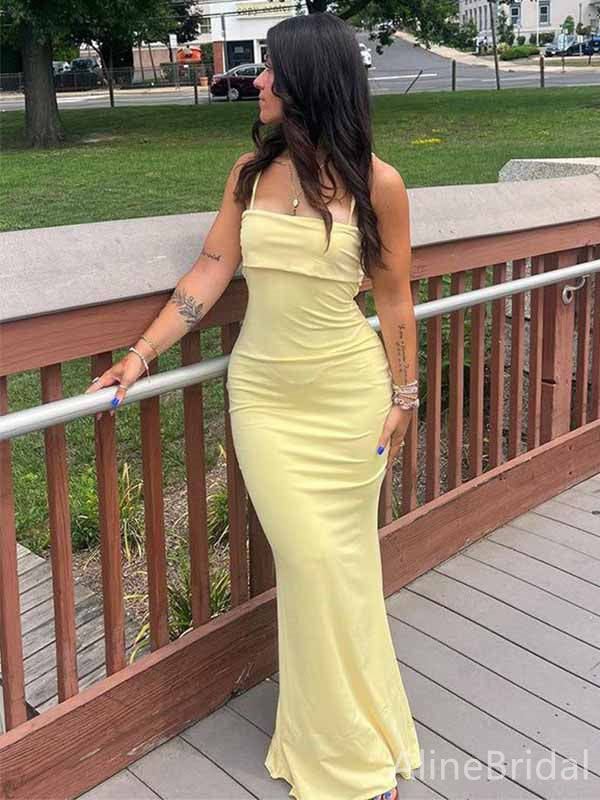 Simple Yellow Spaghetti Strap Mermaid Long Prom Dress,PD381937