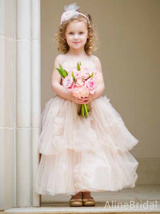 Elegant Light Pink Square Lace A-line Long Flower Girl Dresses, FGS167