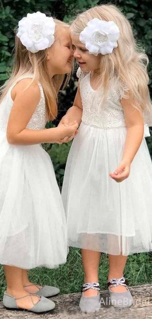 Simple White Lace A-line Long Flower Girl Dresses, FGS170