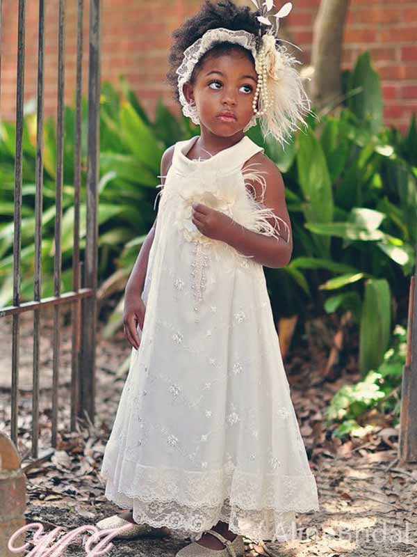 Gorgeous Ivory Lace A-line Long Flower Girl Dresses, FGS171