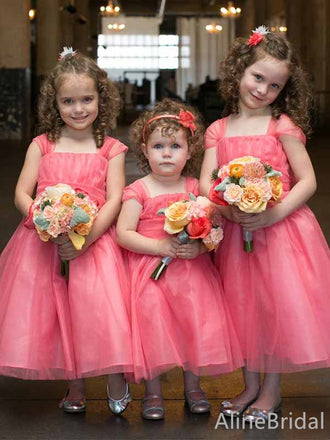 Elegant Pink Square Cap Shoulder A-line Long Flower Girl Dresses, FGS173