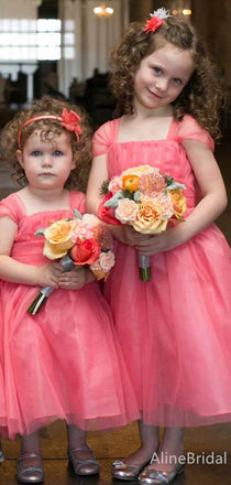 Elegant Pink Square Cap Shoulder A-line Long Flower Girl Dresses, FGS173