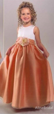 Elegant Orange A-line Long Flower Girl Dress with Bow, FGS174