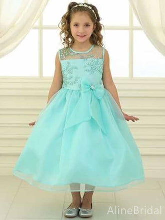 Cute Blue Lace A-line Long Flower Girl Dress with Bow, FGS175