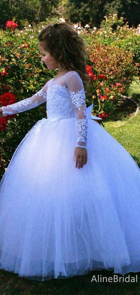 Gorgeous Long Sleeves Lace A-line Long Flower Girl Dresses, FGS176