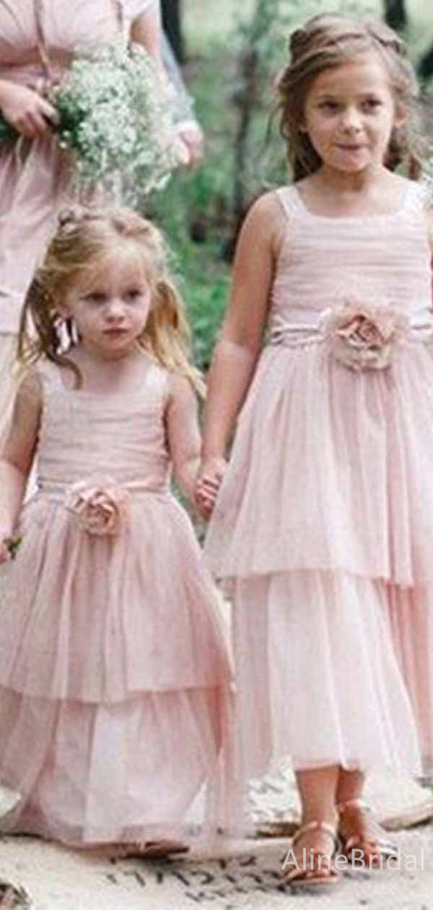 Elegant Square Light Pink A-line Long Flower Girl Dresses, FGS181