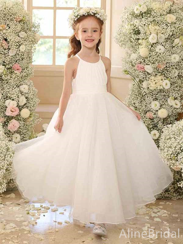 Elegant White A-line Long Flower Girl Dresses, FGS183