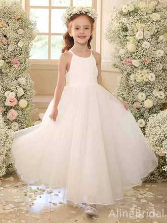 Simple White A-line Long Flower Girl Dress, FGS183