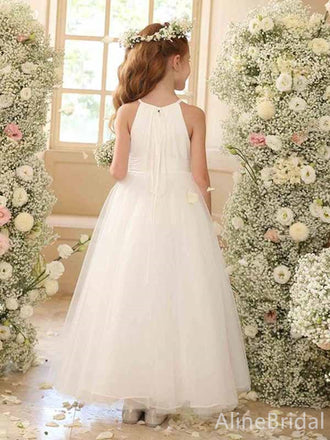 Simple White A-line Long Flower Girl Dress, FGS183