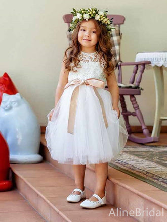 Cute Ivory Lace A-line Long Flower Girl Dress, FGS183